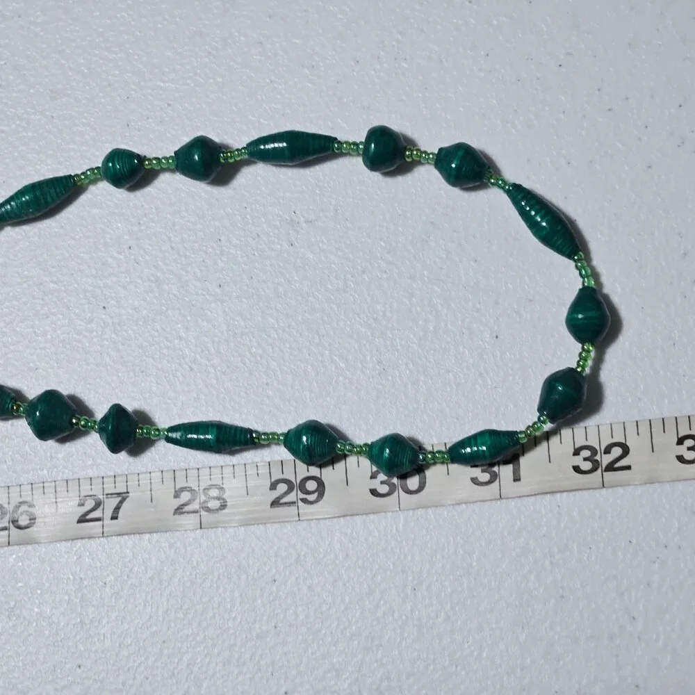 Handmade Retro Green Beaded Long Necklace Paper Beads One or Two Strand 60s Fash